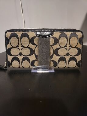 Coach Signature Canvas Zip Wallet in Tan and Black
